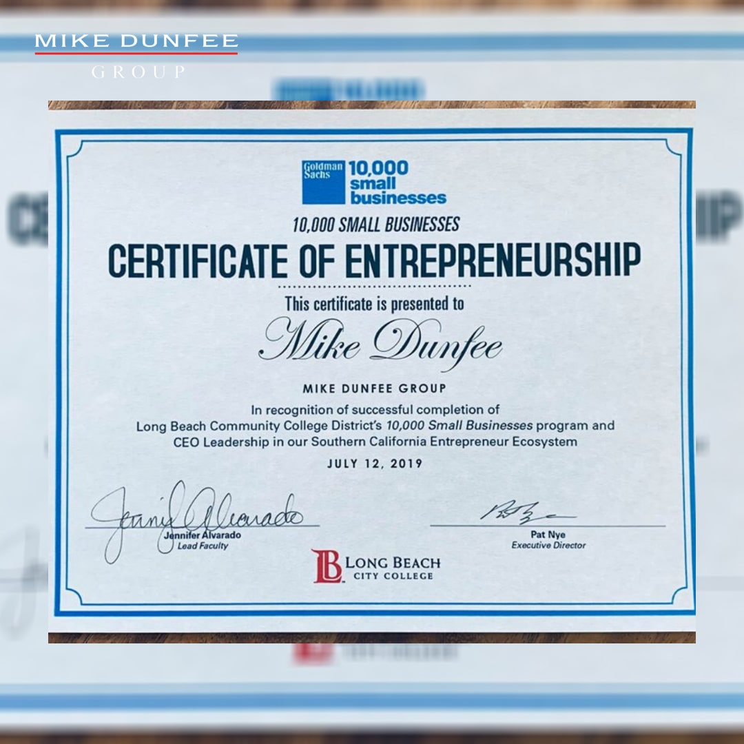22-10000 Small Businesses Certificate of Entrepreneuship to Mike Dunfee